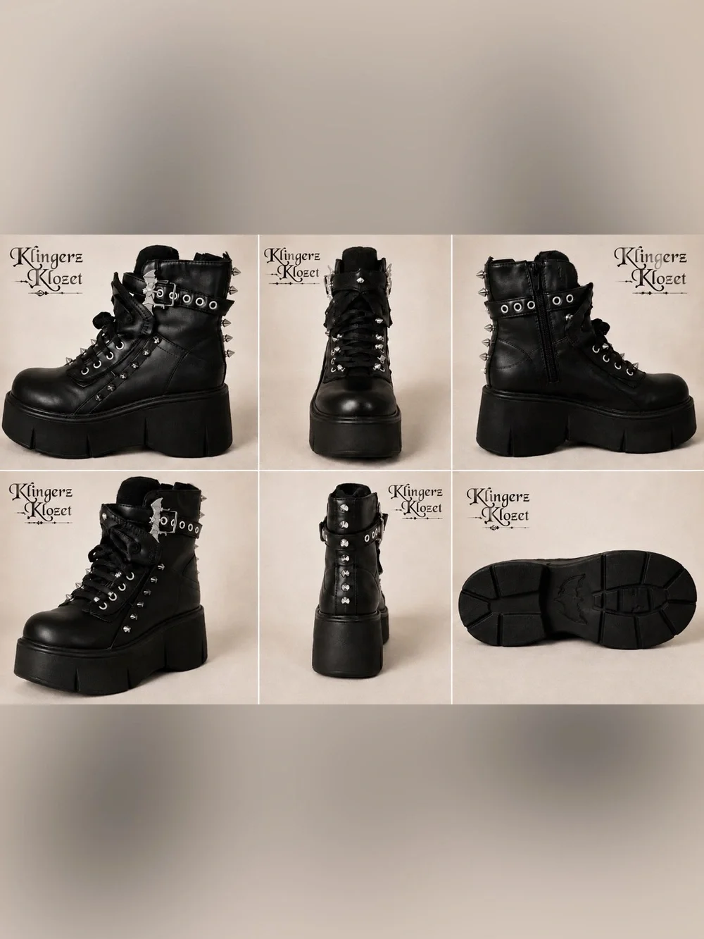 Black Studded Platform Combat Boots | Gothic Bat Buckle | Punk Grunge